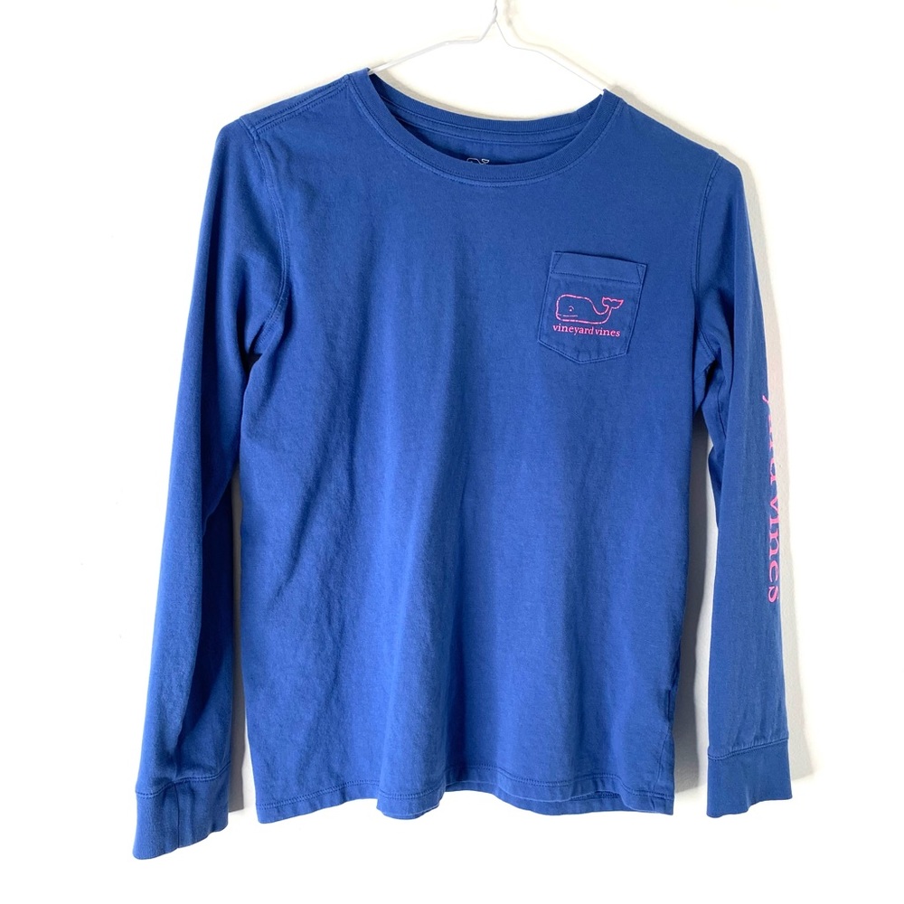 Vineyard Vines Blue & Pink Long Sleeve Pocket Tee Girls Distressed Graphic